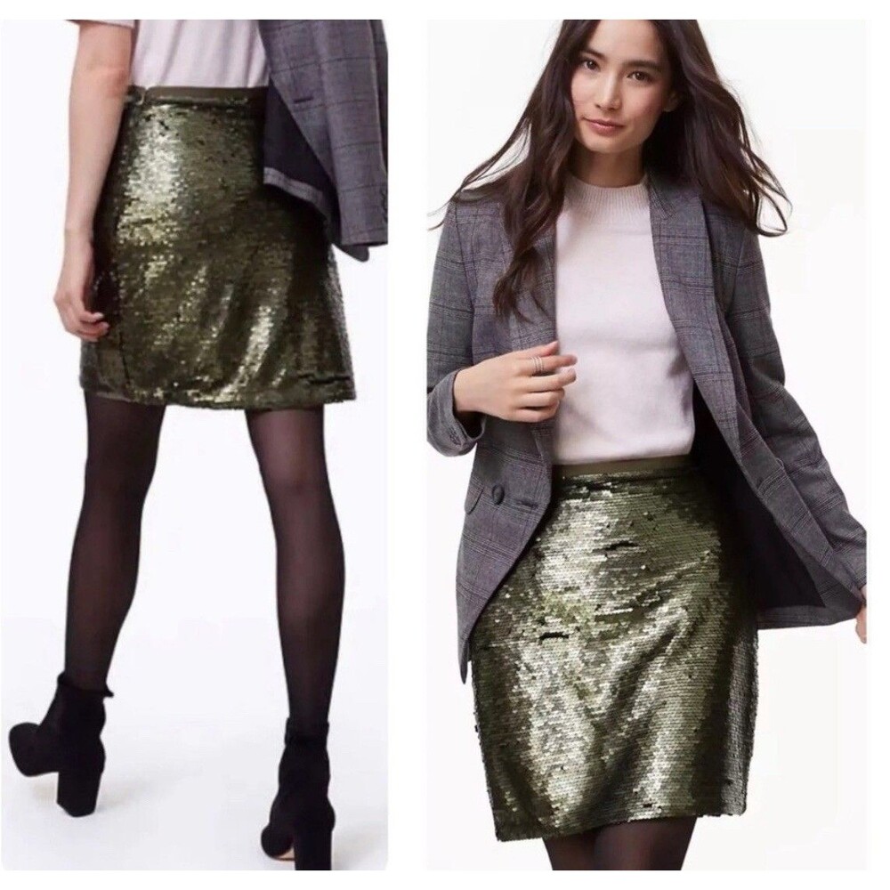SK38 Ann Taylor LOFT Size 8 Sequin Shift Skirt Regular Olive Green Color